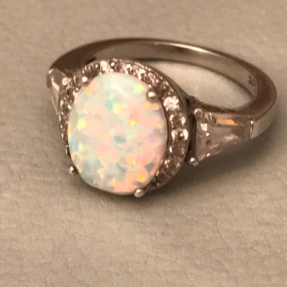Sterling, fire opal, and diamond ring size 3.5